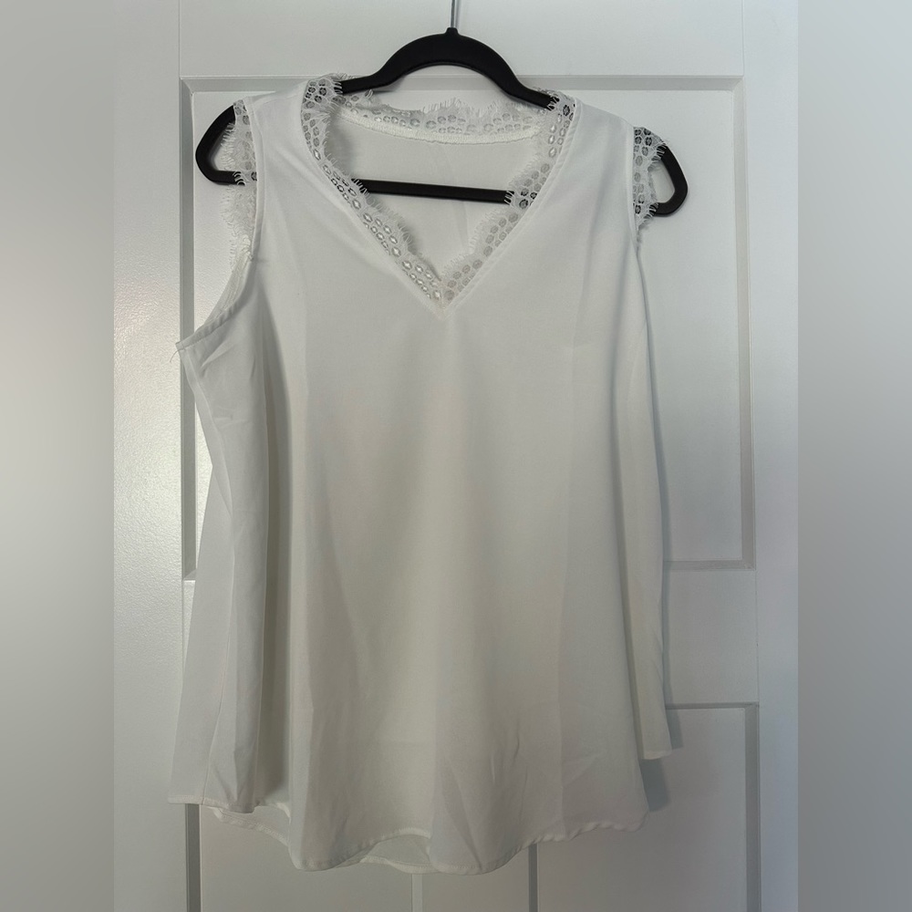 NWOT Boutique white lace trimmed sleeves blouse.